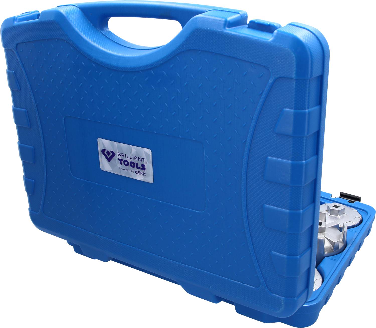 Blauwe gereedschapskoffer met handvat, half open, toont gedeeltelijk de meegeleverde gereedschappen.