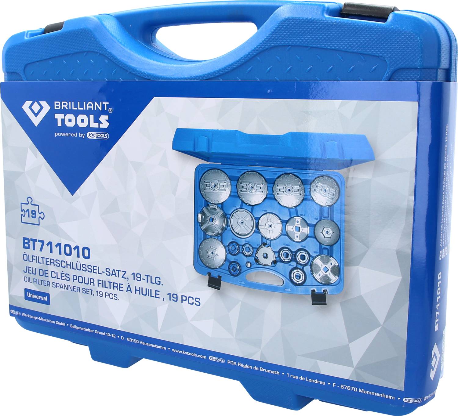 Blauwe gereedschapskoffer met 19-delige oliefiltersleutelset. Opdruk: 'BT711010' en 'Oliefiltersleutelset, 19-delig'.