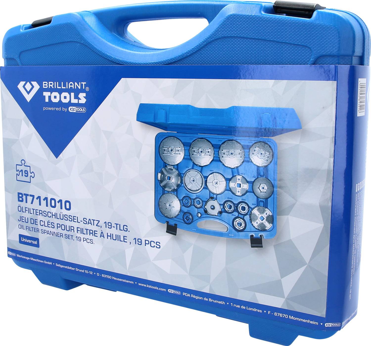 Oliefiltersleutelset in blauwe koffer, 19-delig, merk 'Brilliant Tools', toont gereedschappen voor voertuigonderhoud.