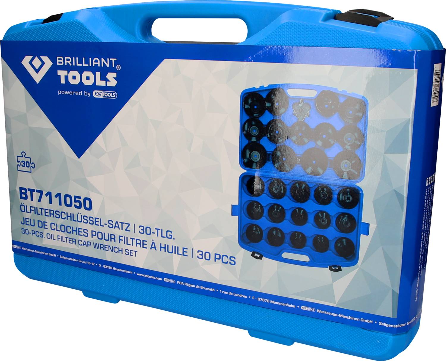 Blauwe koffer van 'Brilliant Tools', bevat 30-delige oliefilterkapsleutel-set.