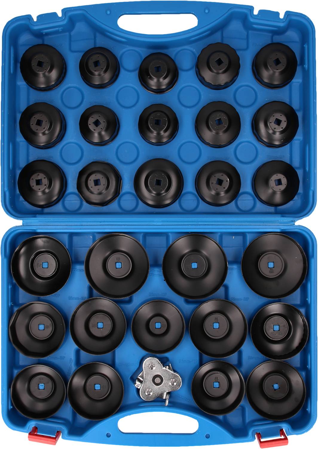 Blauwe kunststof koffer met zwarte oliefiltersleutels in verschillende maten, opgeborgen in nauwsluitende vakken.