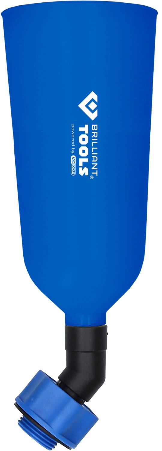 Een blauwe trechter met het opschrift 'BRILLIANT TOOLS' en een zwarte adapter aan de onderkant.