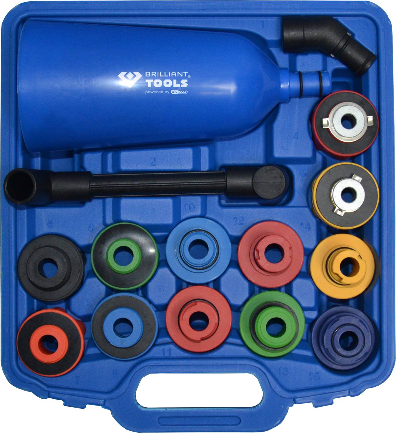 Koffer met verschillende gekleurde gereedschapsopzetstukken en een blauwe container, vermoedelijk voor koelsystemen in auto's.