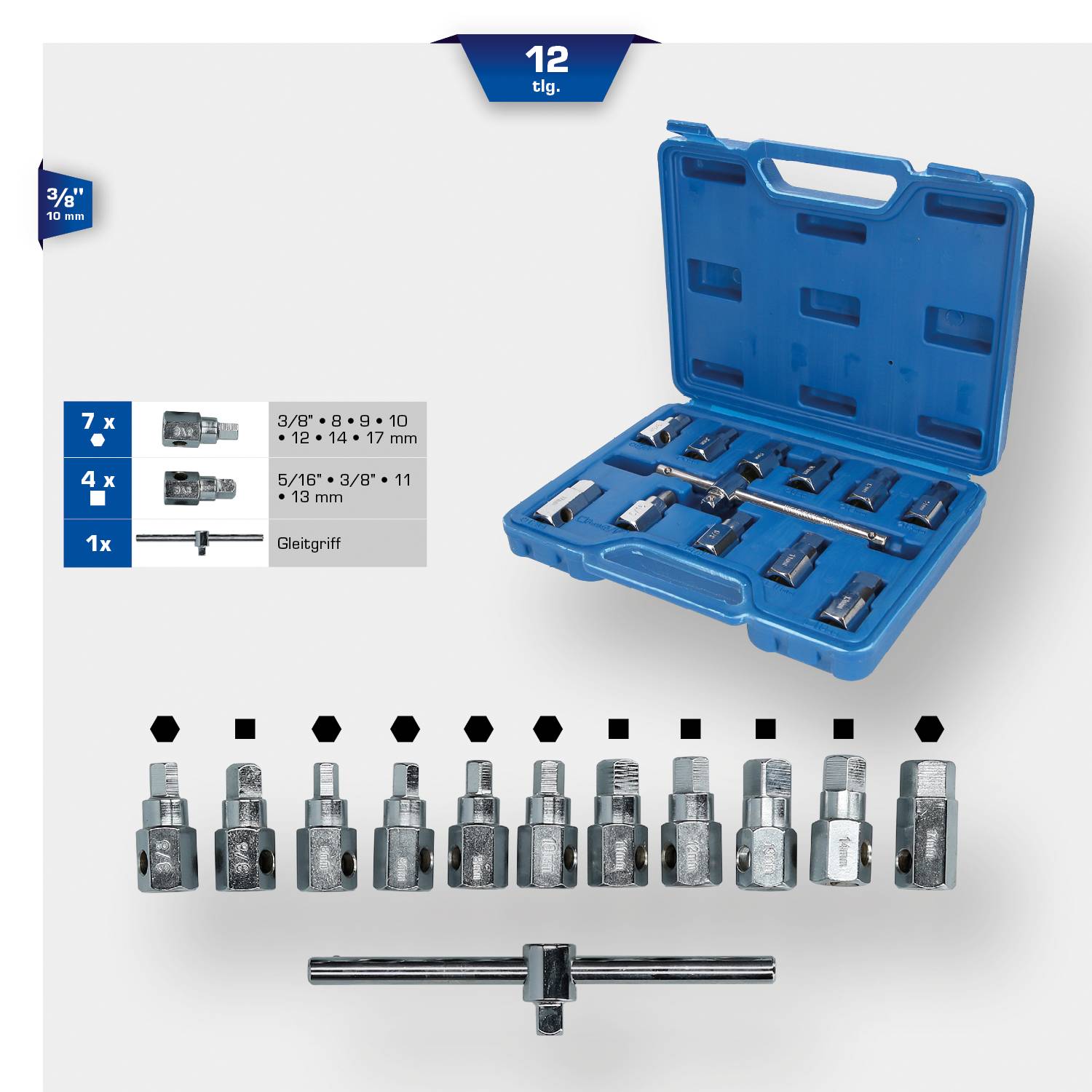 Een set schroefdraadsnijders met 12 onderdelen in een open blauwe koffer. Verschillende formaten zijn weergegeven, inclusief T-greep.