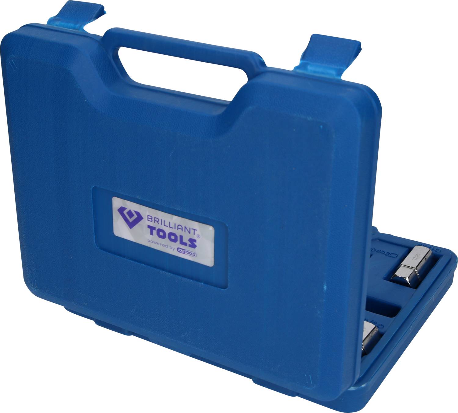 Een blauwe gereedschapskoffer met het opschrift 'Brilliant Tools'. De koffer is gedeeltelijk geopend en toont onderdelen van een gereedschapsset.
