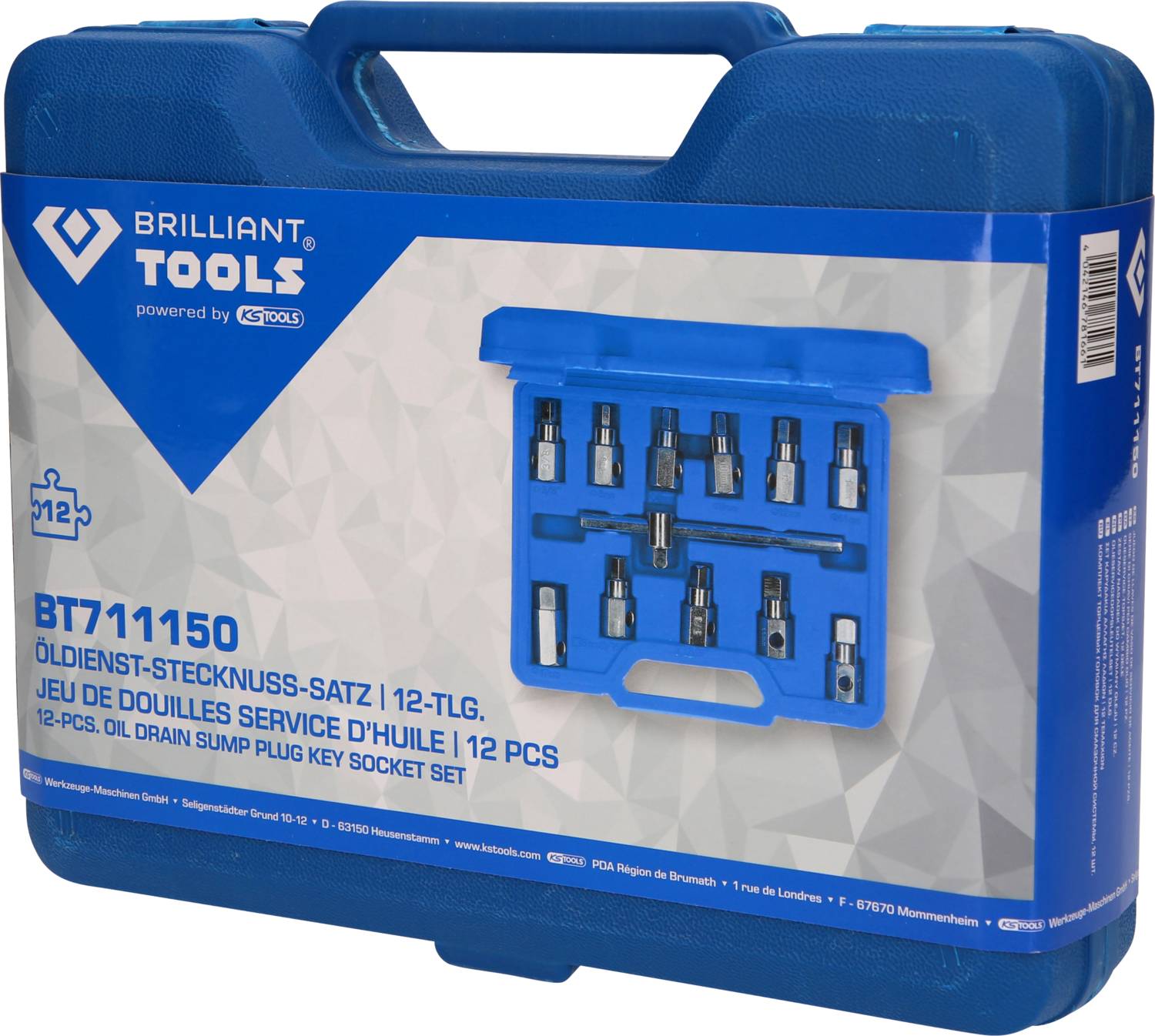 Blauwe koffer met de opdruk 'Brilliant Tools' bevat een 12-delig olie-aftapsleutelset. Een inzetstuk is zichtbaar aan de binnenkant.