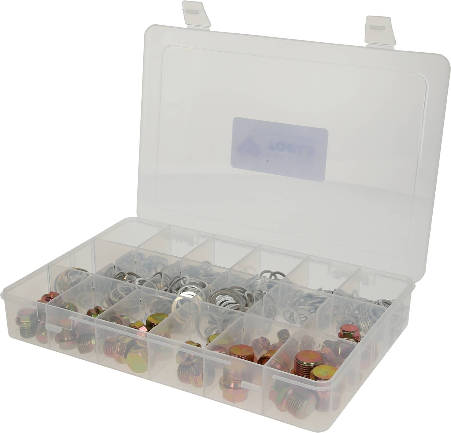 Plastic dozen met transparante deksel, bevat verschillende metalen schijven en schroeven in gesorteerde vakken.