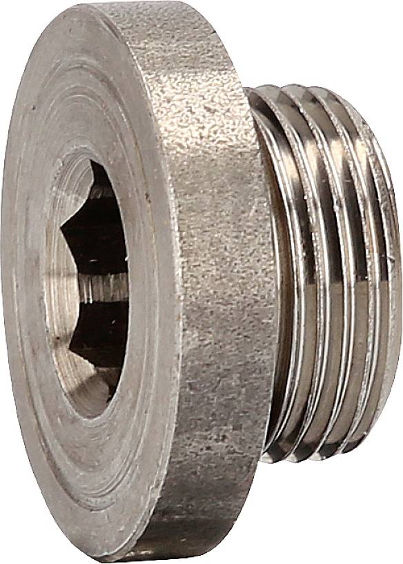 Metalen schroef met ronde ring en schroefdraad. Schroefkop heeft zeskante uitsparing voor inbussleutel.