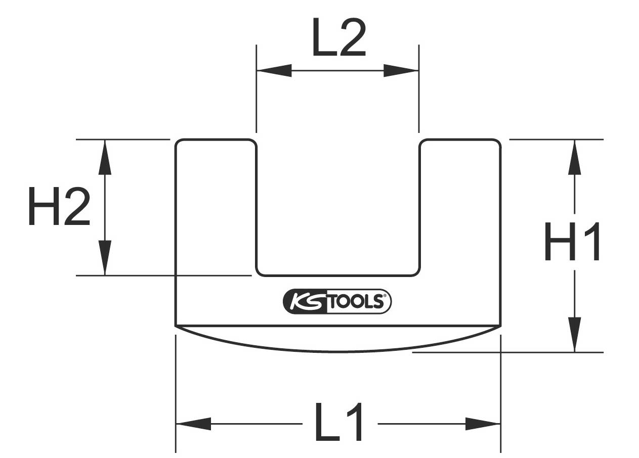 Maatschets van een U-vormig gereedschap met het KS Tools-logo in het midden. Aanduidingen L1, L2, H1, H2 geven de afmetingen aan.