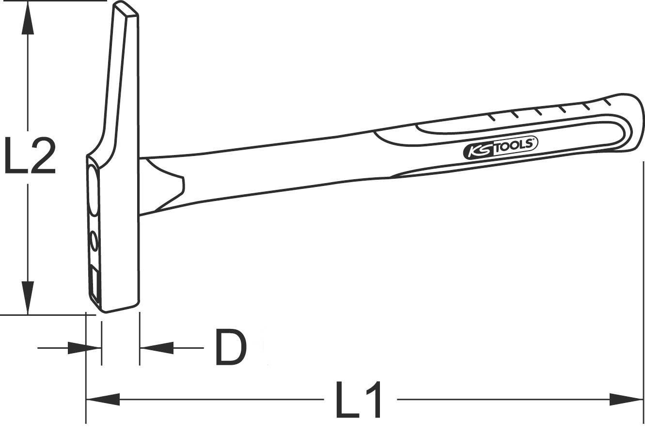 Tekening van een hamer met afmetingen L1, L2 en D. Handvat met 'KS Tools'-logo, platte kop.