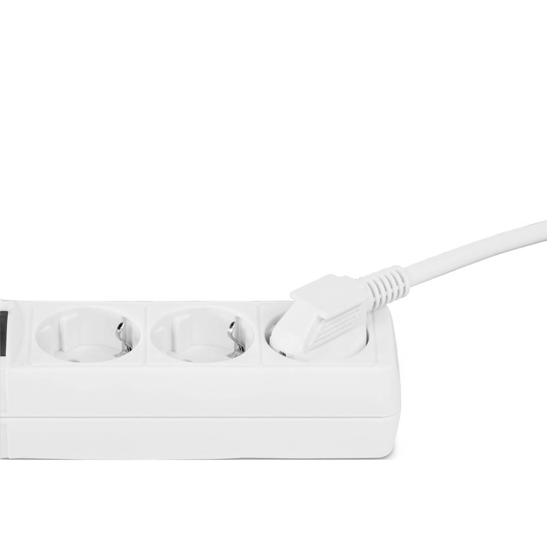Witte stekkerdoos met drie aansluitingen, waarvan er één bezet is met een aangesloten stroomkabel.