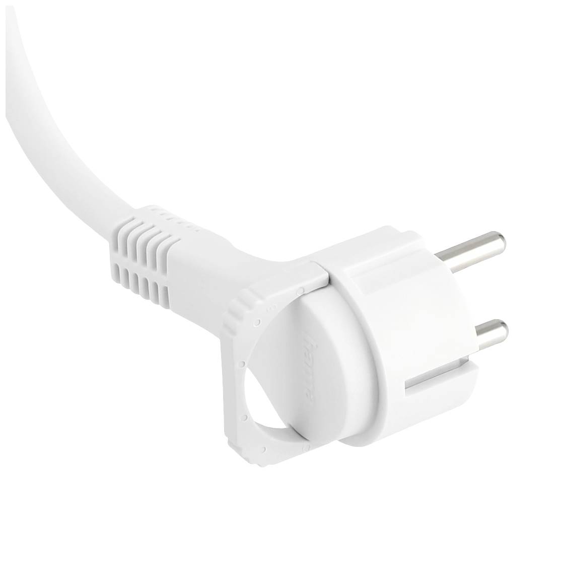 Een witte, Europese stekker met twee ronde pinnen hangt aan een kabel. Geschikt voor elektronische apparaten in Europa.