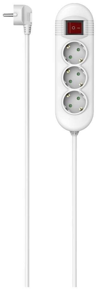 Witte stekkerdoos met drie aansluitingen voorzien van een rode aan-/uitschakelaar bovenaan en een lang snoer, geschikt voor het aansluiten van meerdere apparaten.