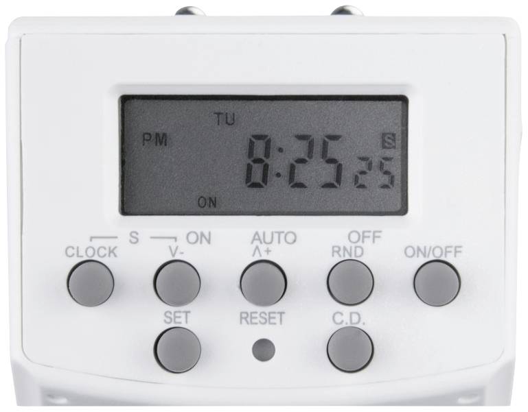 Digitale timer met LCD-scherm toont '8:25:35'. Knoppen gemarkeerd met functies zoals Klok, Auto, Aan/Uit en C.D.