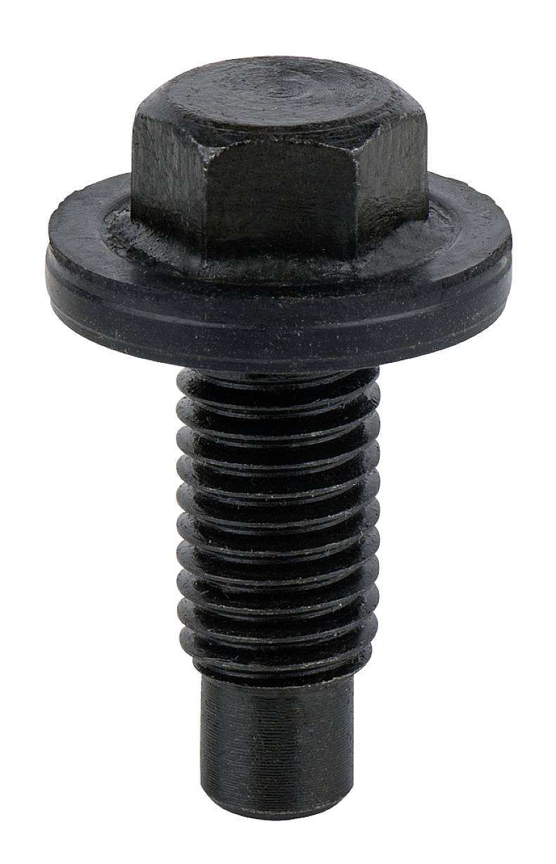 Een zwarte zeskantbout met geïntegreerde flens en schroefdraad. Geschikt voor mechanische verbindingen.