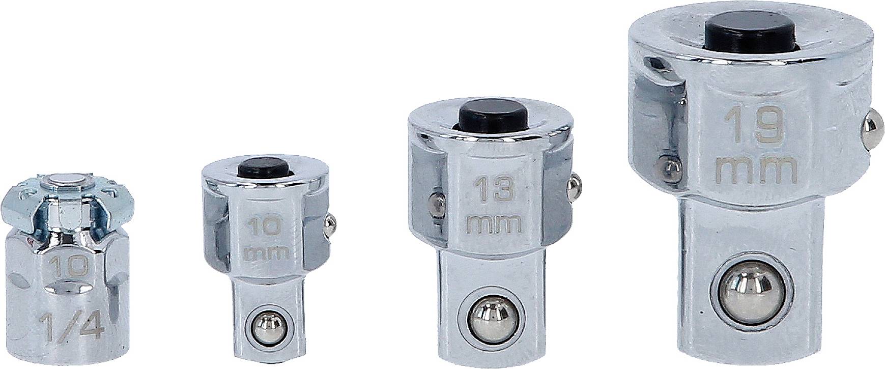 Vier metalen dopsleutels van verschillende formaten, gemarkeerd met '10' en '1/4', '10 mm', '13 mm' en '19 mm', gerangschikt van klein naar groot.