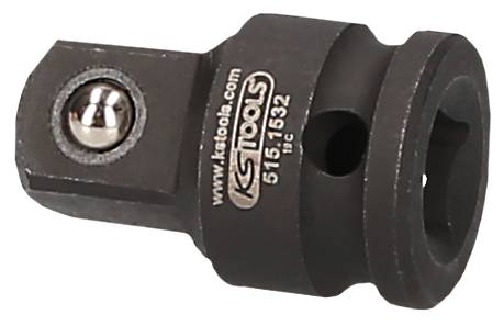 Adapter voor steeksleutels, zwart, met kogelvergrendeling en fabrikantgegevens. Verbindt verschillende gereedschapsformaten.