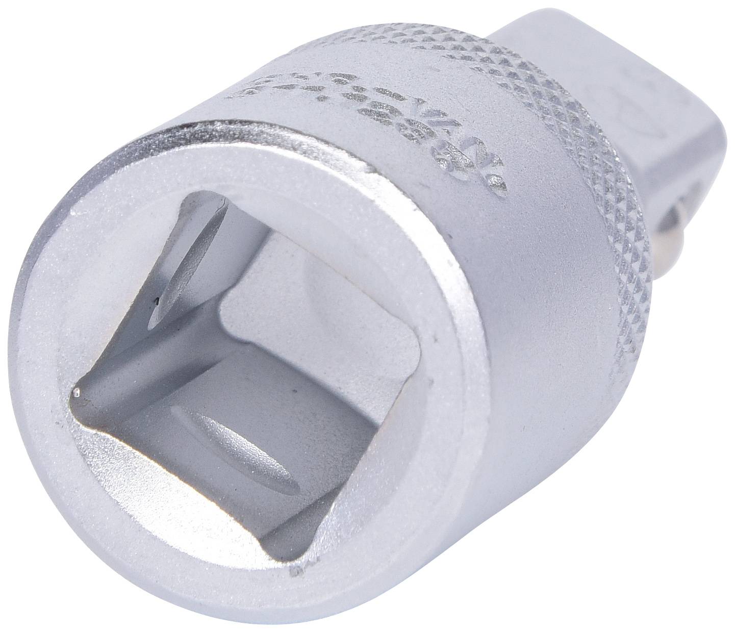 Steeksleuteladapter, zilverkleurig, met vierkante opening en gegroefde rand voor gemakkelijk vastpakken.