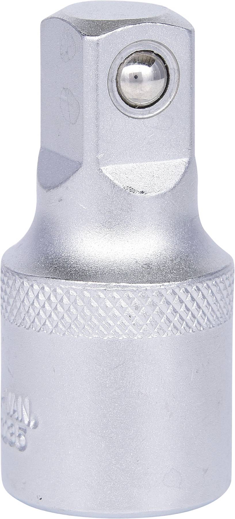 Een zilveren steeksleuteladapter met een vierkante aansluiting en een kogel voor het beveiligen van gereedschappen. Ideaal voor gangbare doppensets.