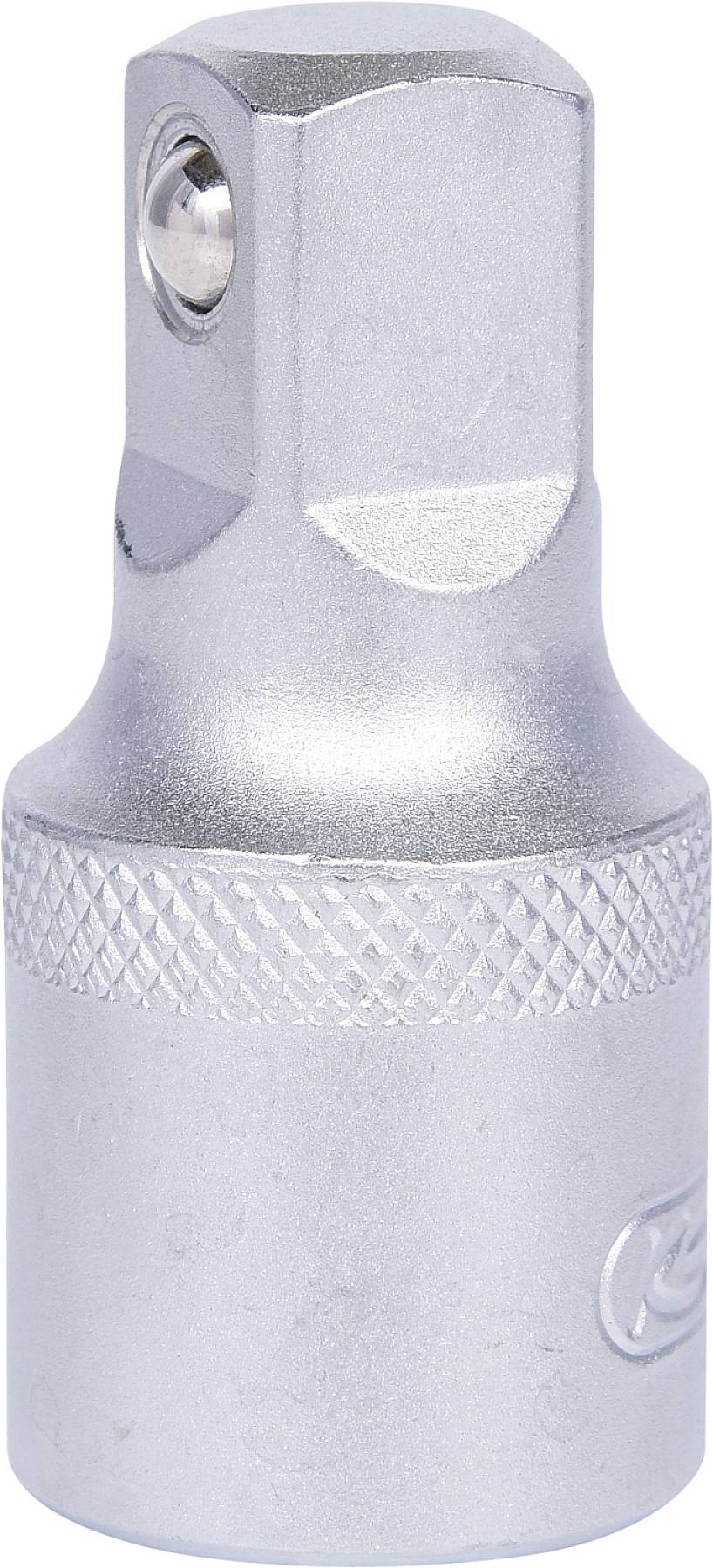 Een zilveren steeksleuteladapter met een zeskante opening, geschikt voor het verbinden van een steeksleutel met een ander gereedschap.