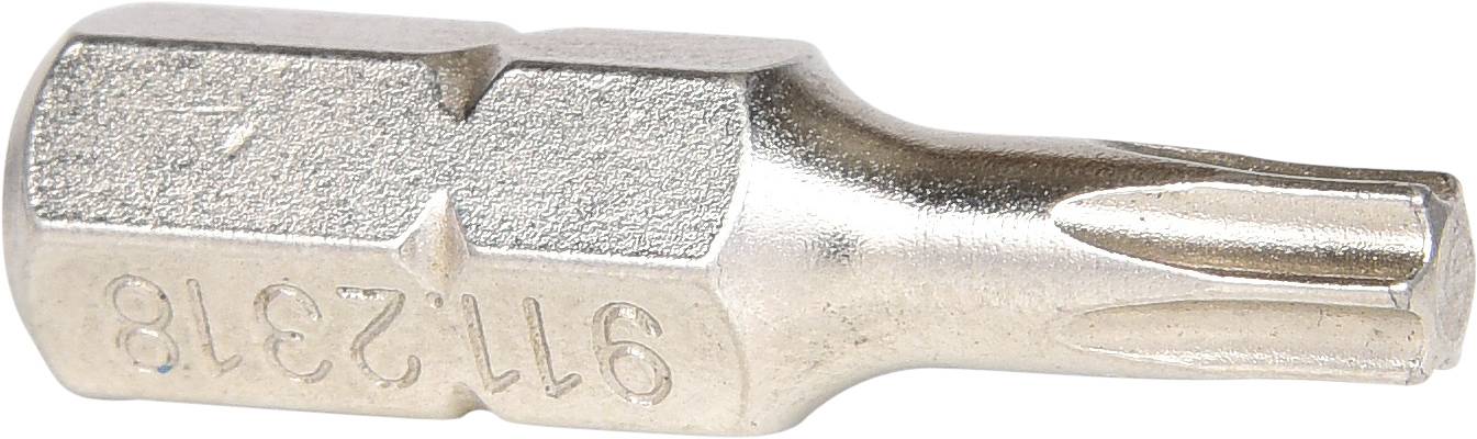 Een zilveren Torx-bit met de gravure '9112318' aan de zijkant, geschikt voor nauwkeurig schroeven bij ambachtelijke werkzaamheden.