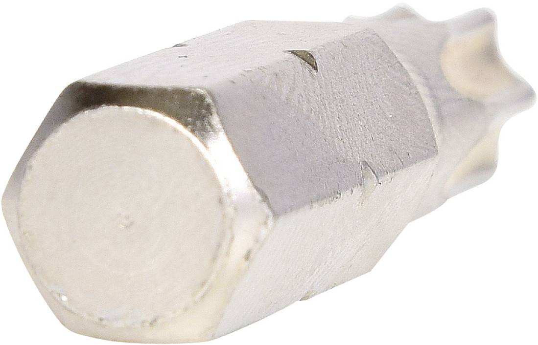 Een zilveren bitgereedschap met een zeshoekige basis en een getande schacht, waarschijnlijk bedoeld voor speciale schroefverbindingen.