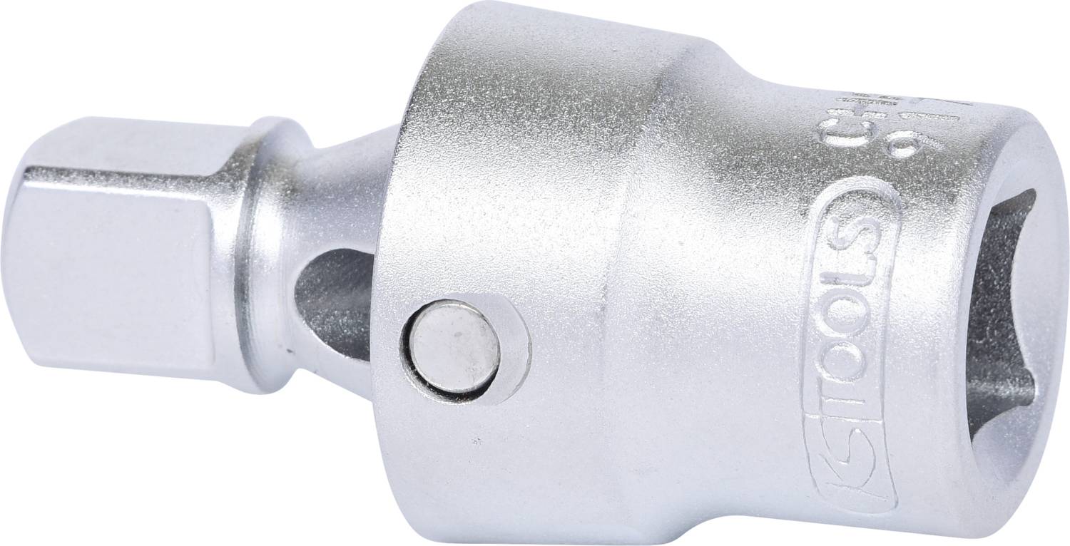 Een zilveren dopsleuteladapter met zeskantaansluiting en vergrendelingsknop, geschikt voor bevestiging aan gereedschappen.