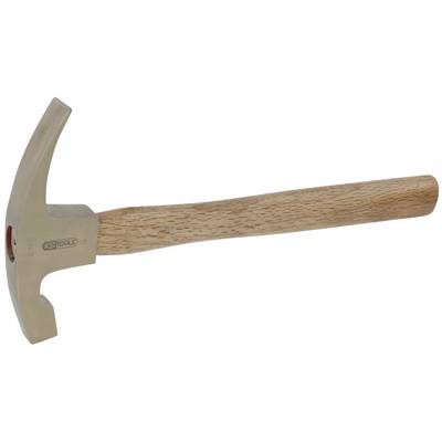 Een hamer met houten handvat en metalen kop ligt horizontaal. Geschikt voor handmatige werkzaamheden.