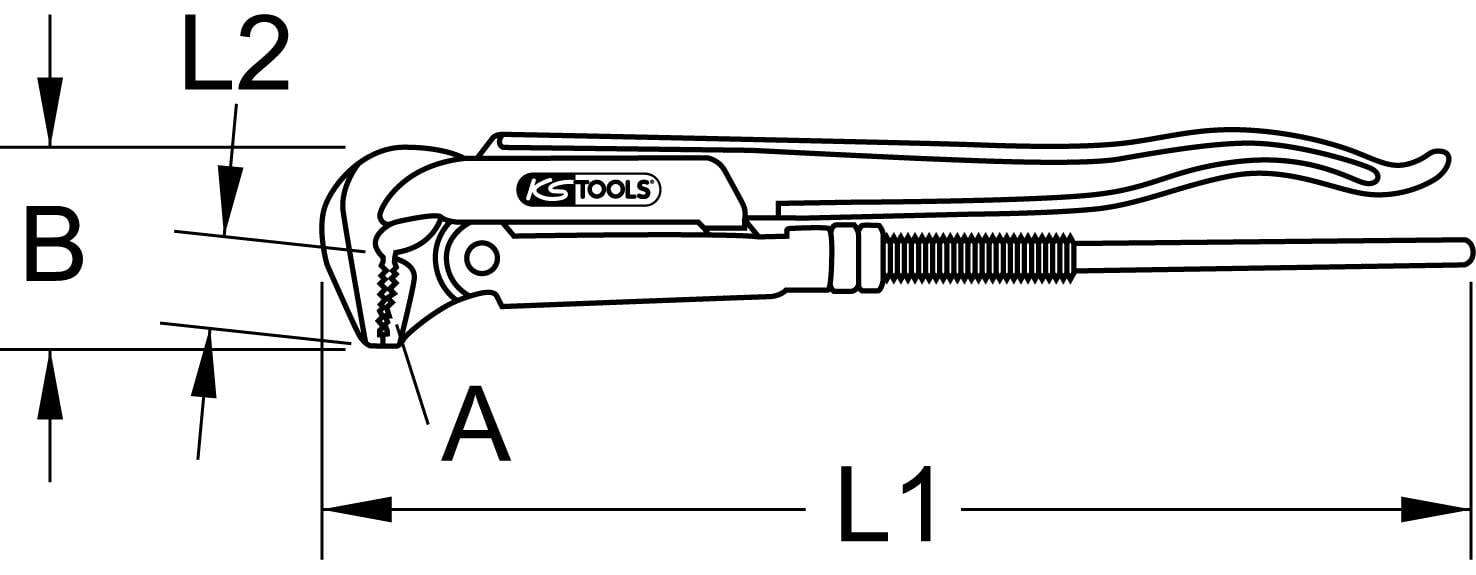 Tekening van een pijptang met maataanduidingen A, B, L1 en L2 ter illustratie van de afmetingen en werkwijze van het gereedschap.