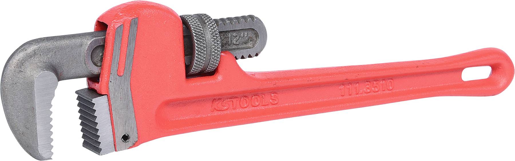 Rode pijptang van metaal met verstelbare bekken, gebruikt voor het vastklemmen en draaien van buizen.