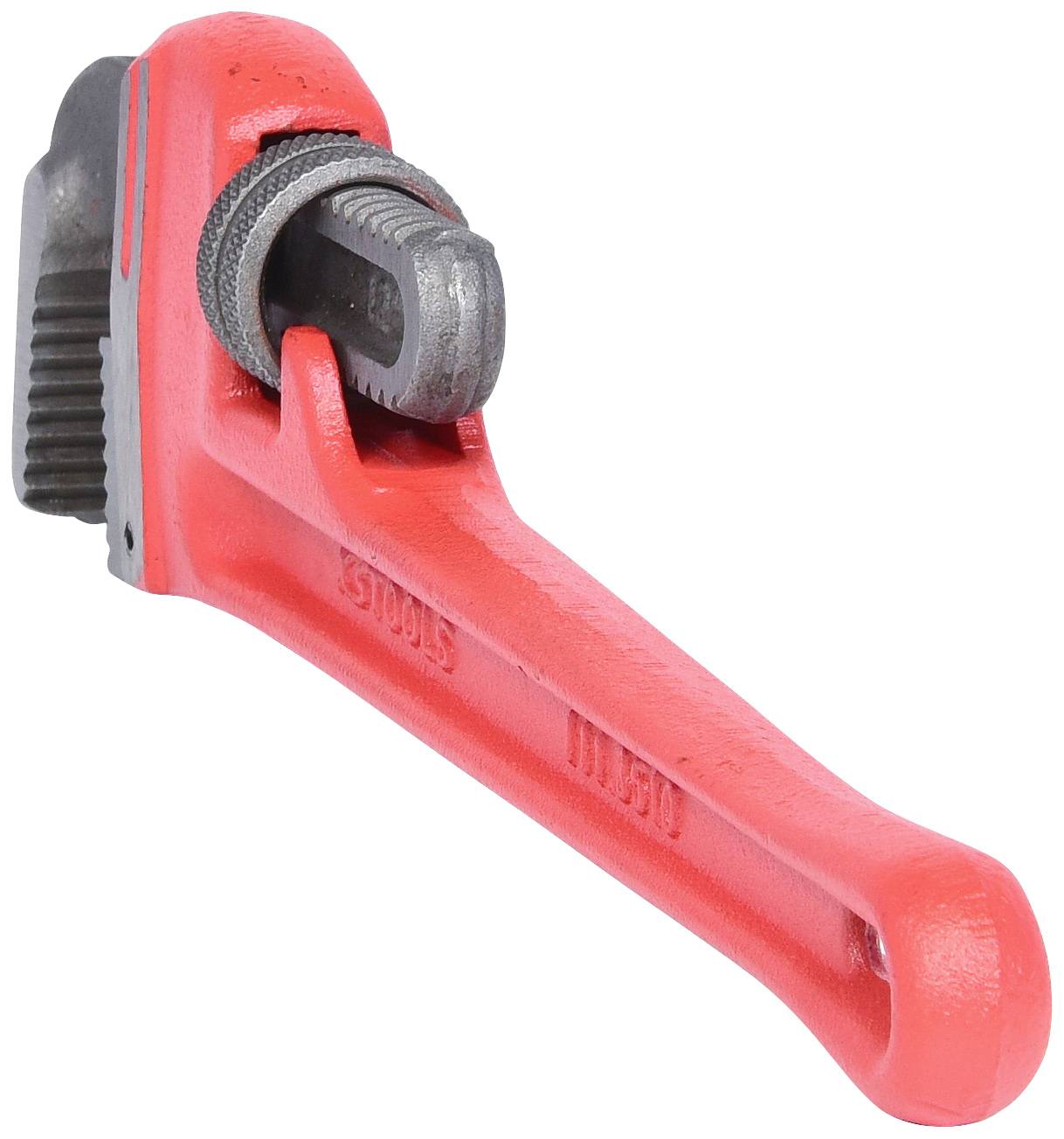 Rode pijpsleutel, gemaakt van metaal, met verstelbare kop om aan te passen aan verschillende buismaten. Belangrijk gereedschap voor loodgieters.