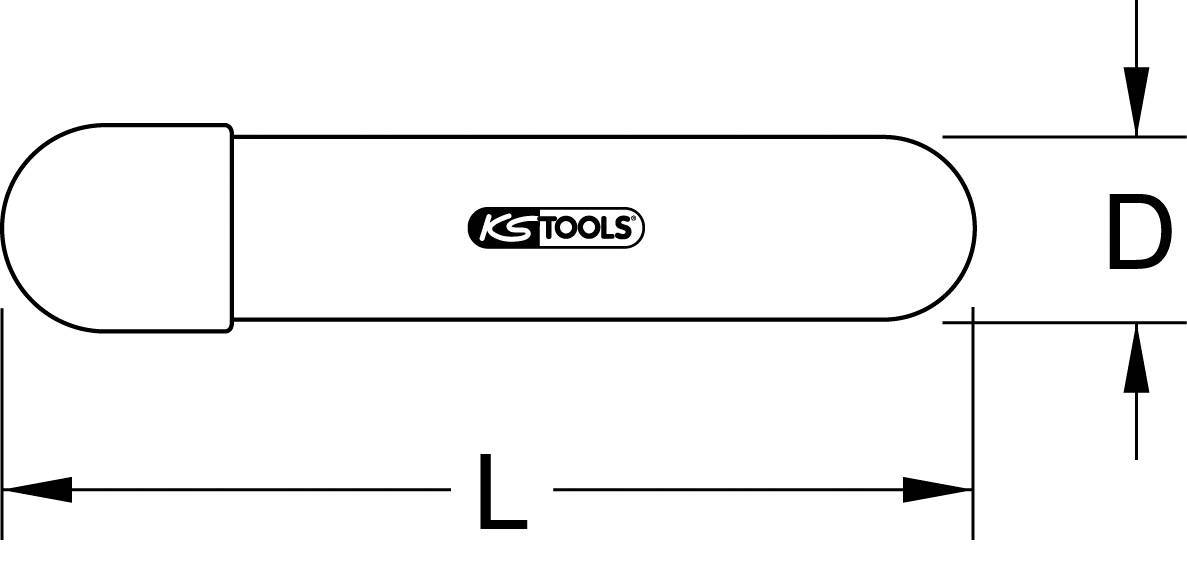 Technische tekening van een gereedschap met lengteaanduidingen: 'L' voor lengte en 'D' voor diameter. Logo van het merk 'KS Tools' in het midden.