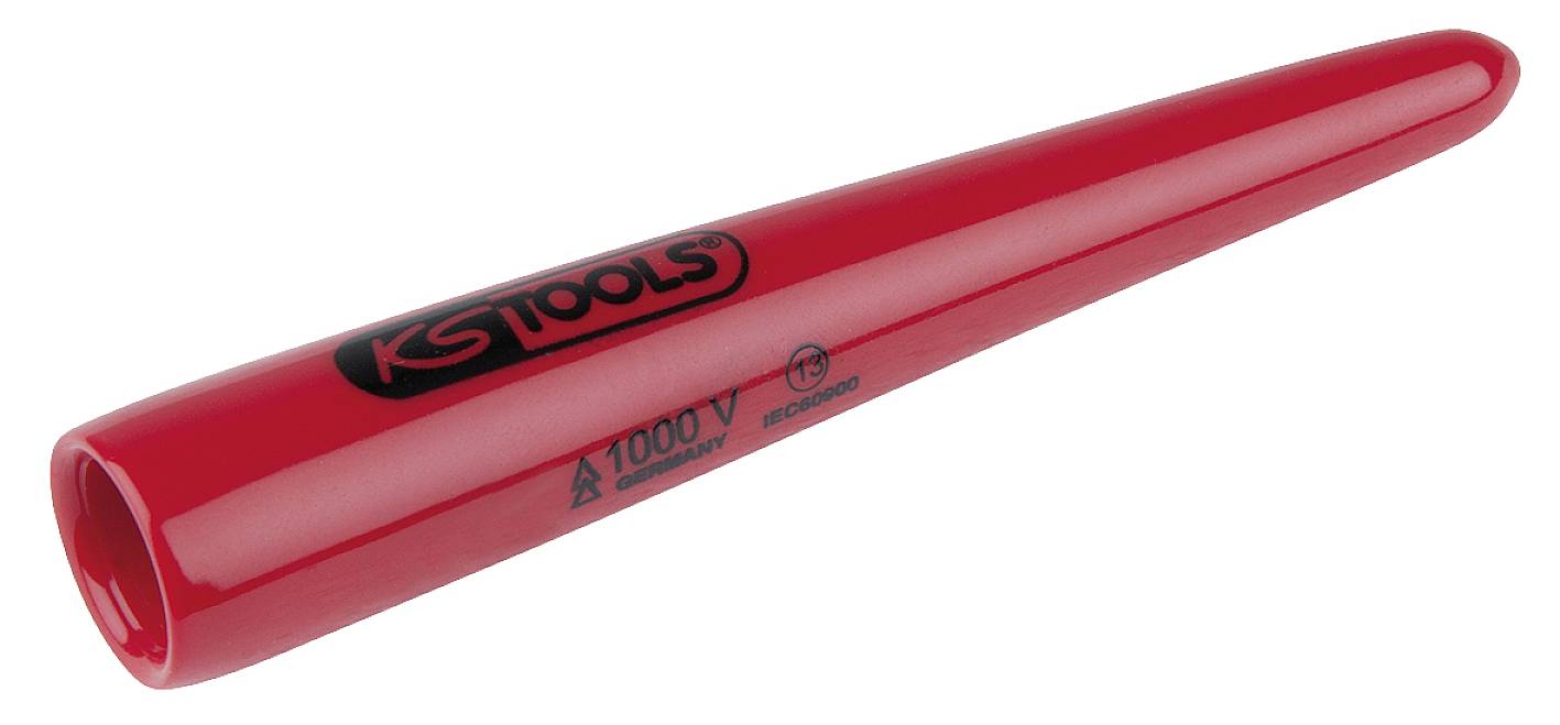 Een rood, geïsoleerd gereedschap van KS Tools, geschikt voor werkzaamheden tot 1000 V. Cilindrische vorm, glad, voor veilig werken.