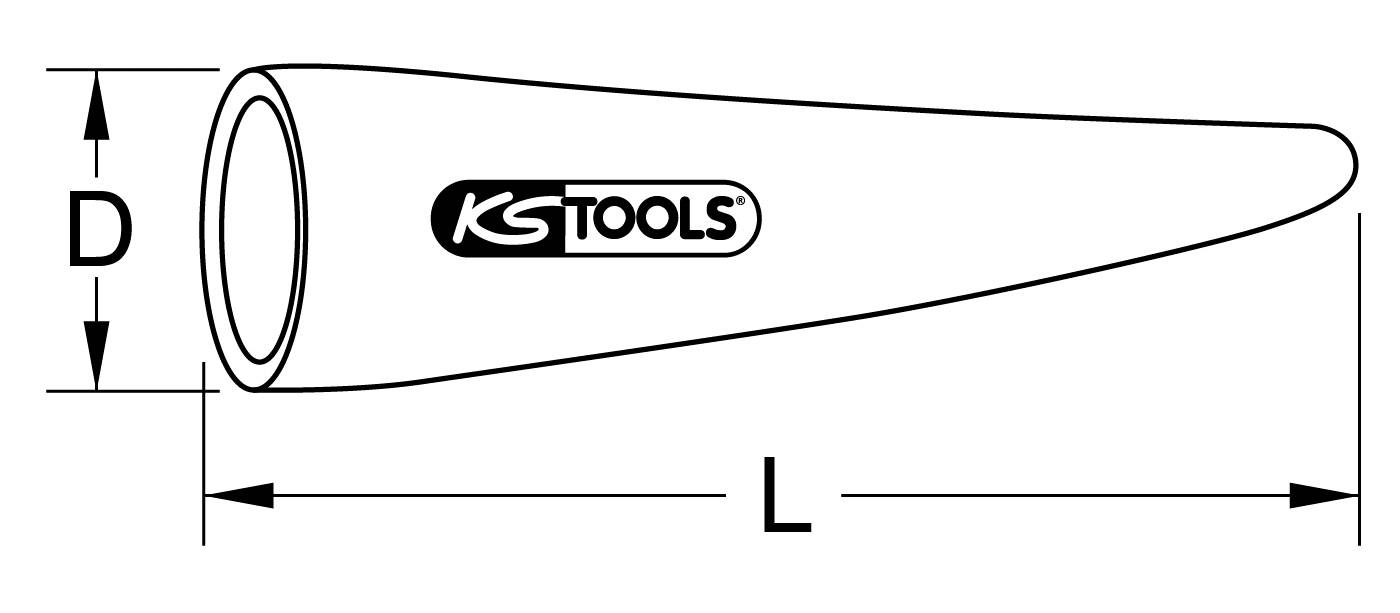 Lijntekening van een cilindrisch gereedschap met de maten 'D' voor diameter en 'L' voor lengte. Merk 'KS Tools' is zichtbaar.