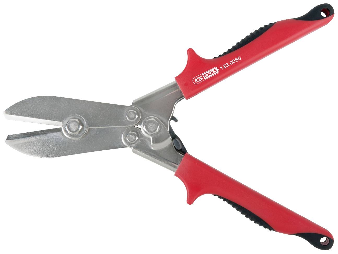 Een metalen schaar met rode ergonomische handgrepen en een zilveren lemmet. De schaarbladen staan licht gespreid.