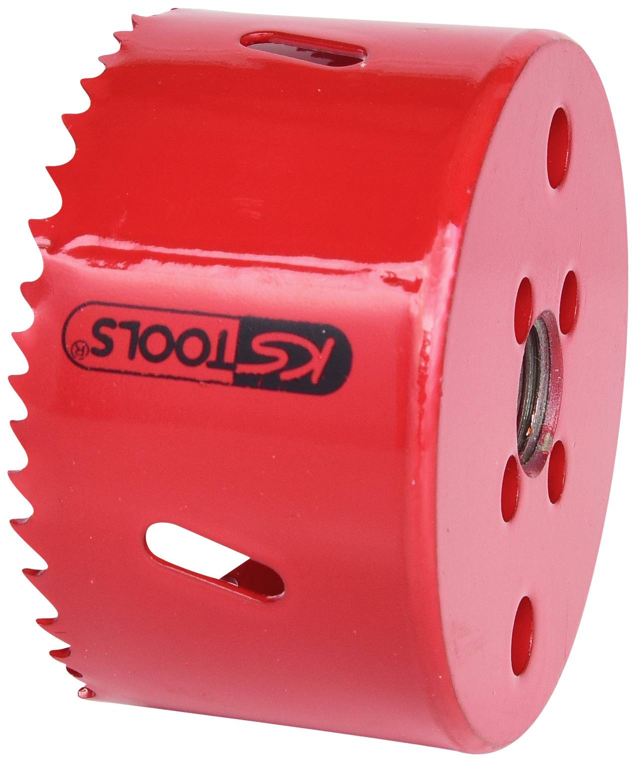 Rood metalen gatenzaagblad met cilindrische vorm, getande rand en meerdere gaten; met merkaanduiding 'TOOLS'.