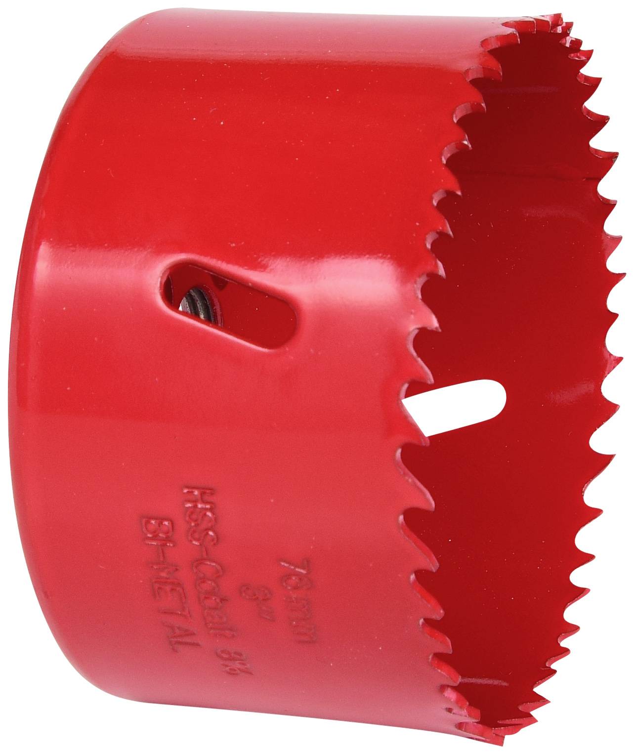 Rood bi-metalen gatenzaagblad met getande randen, gebruikt voor het boren van grote gaten in verschillende materialen.