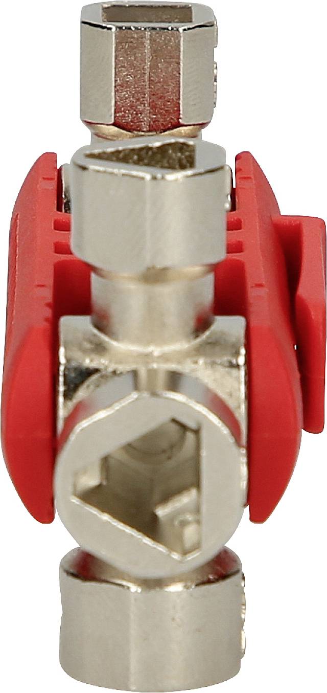 Een zeshoekige metalen adapter met rode kunststof elementen, waarschijnlijk een gereedschap of verbindingscomponent.