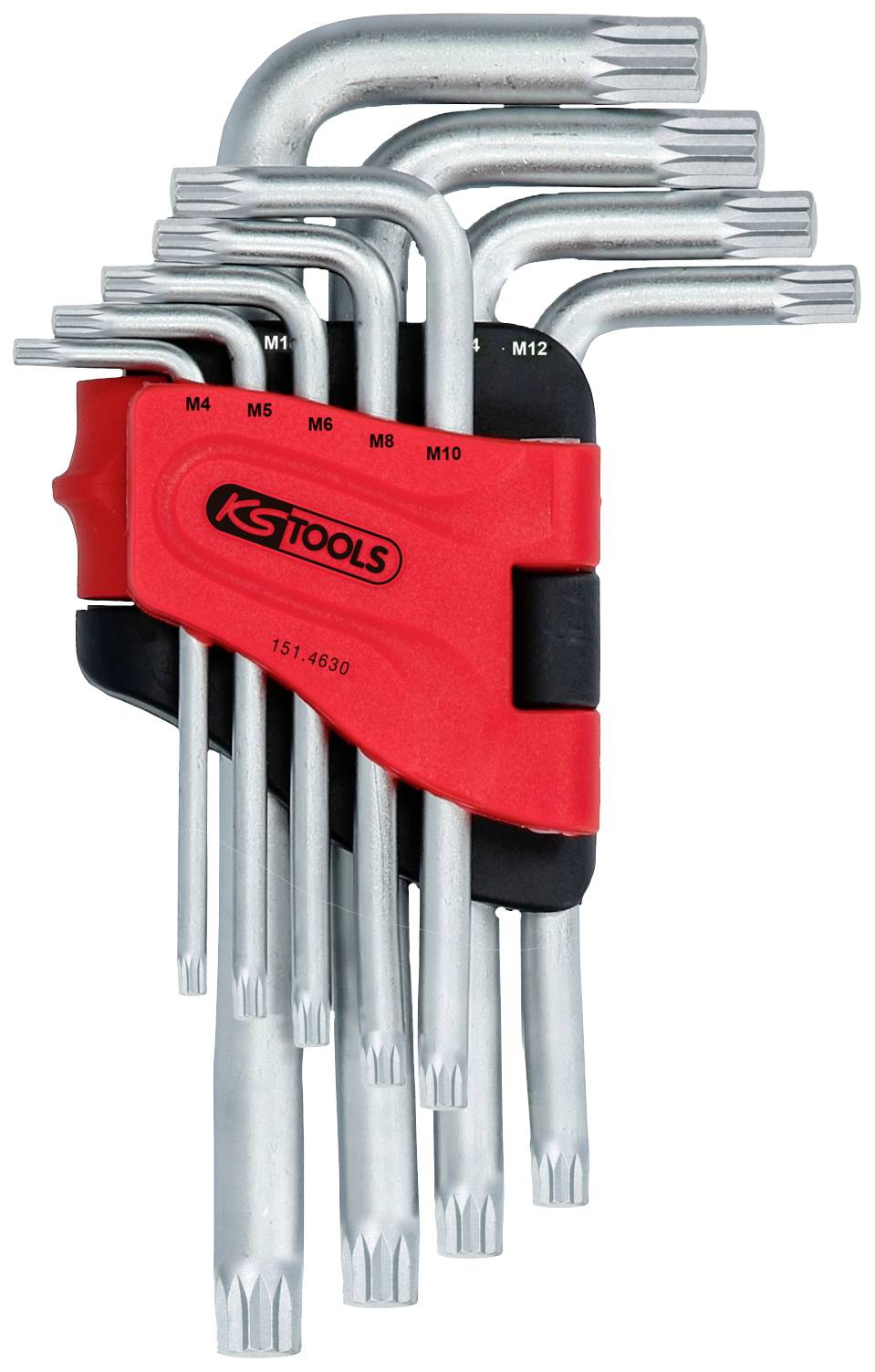 Een set Torx-hoekschroevendraaiers in verschillende maten, van M4 tot M12, met rode houder van 'KS Tools'.