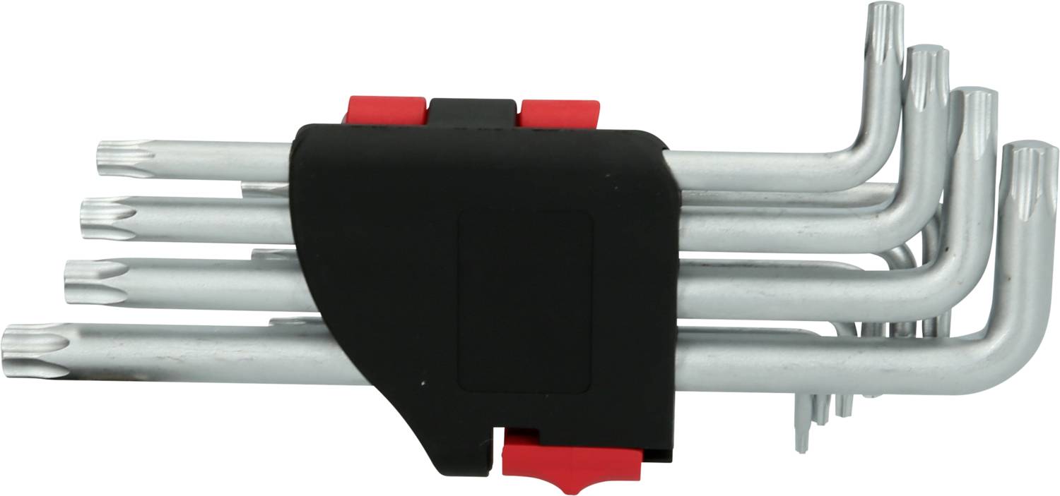 Een set van vijf zilveren Torx-sleutels in een zwart en rood houder, gerangschikt op grootte.