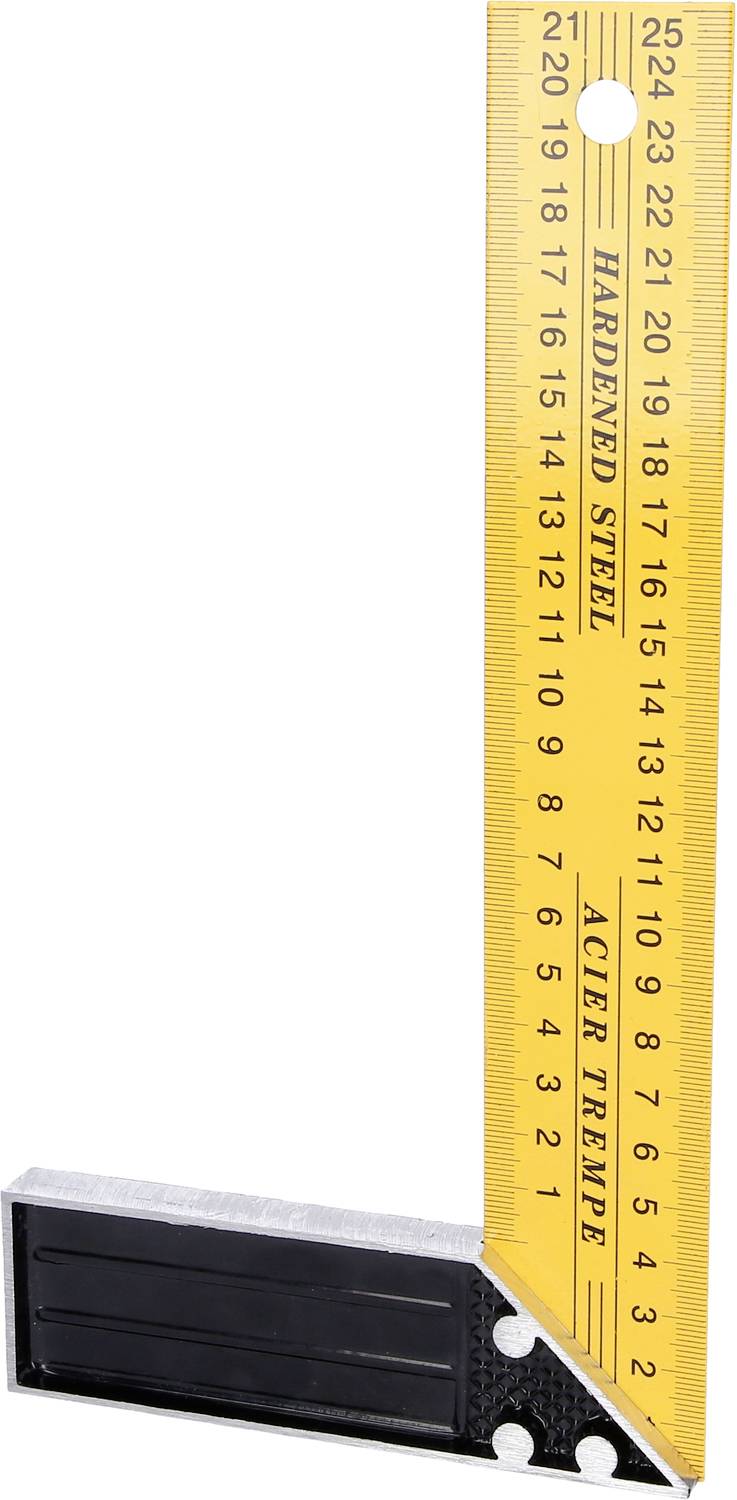 Stalen hoek met gele maatschaal. Maateenheden in centimeters aan de voorkant en markering 'Gehard Staal' en 'Aciar Trempe'.