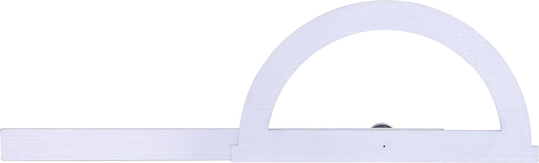 Een zilveren gradenboog met een halfcirkelvormige boog en een lange rechte arm voor het meten van hoeken.