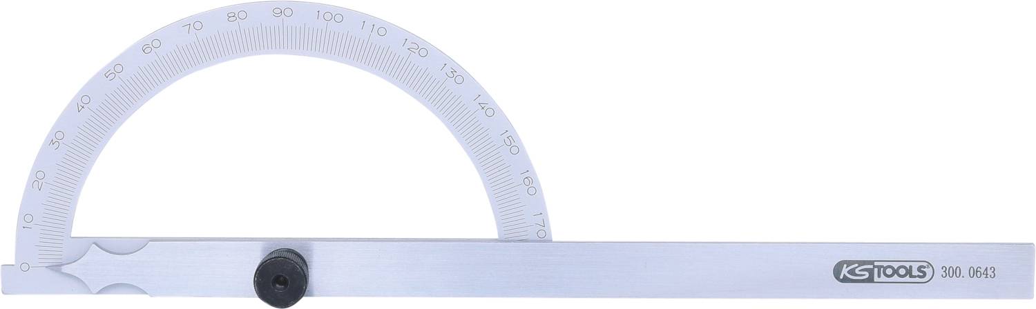 Winkelmeter met schaal van 0 tot 180 graden, zilverkleurige metalen uitvoering, met kleine schroef voor bevestiging, fabrikantslogo rechts.