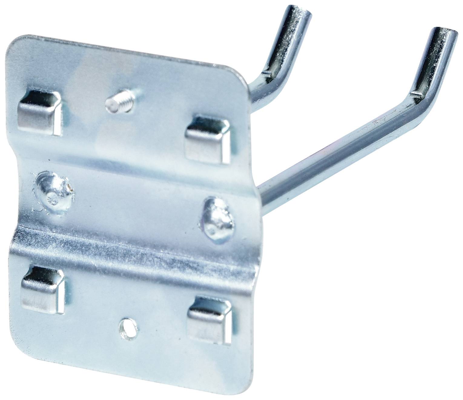 Metalen haken met rechthoekige bevestigingsplaat en twee gebogen armen voor wandmontage, geschikt voor het ophangen van voorwerpen.