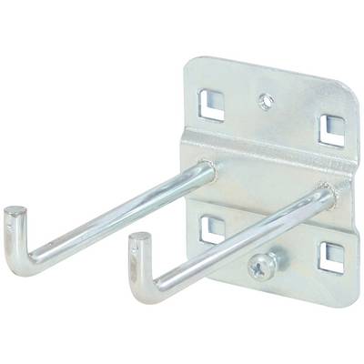 Metalen haakrail met twee haken, bedoeld voor wandmontage. Zilverkleurig en stevig, geschikt voor het ophangen van gereedschappen of toebehoren.