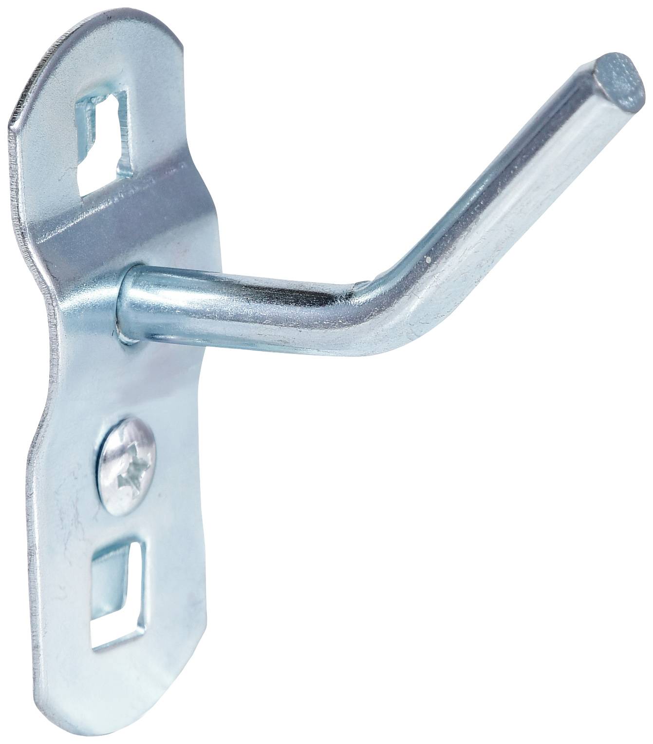 Metalen haken met wandplaat, glanzend, voor bevestiging aan een oppervlak. Geschikt voor het ophangen van voorwerpen.