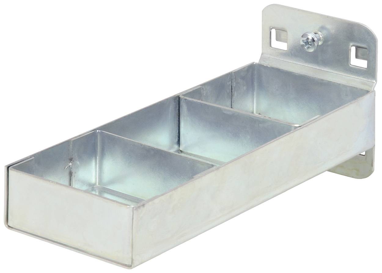 Metalen rek met drie planken, wandgemonteerd. Ideaal voor het opbergen van gereedschap of kleine voorwerpen.