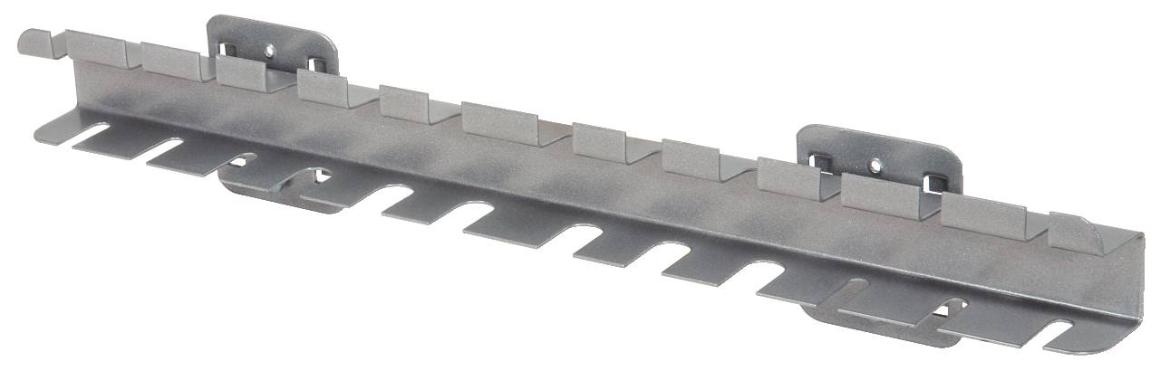 Metalen rail met afwisselende tanden en sleuven voor kabelorganisatie. Bevat twee bevestigingsbeugels bovenaan.