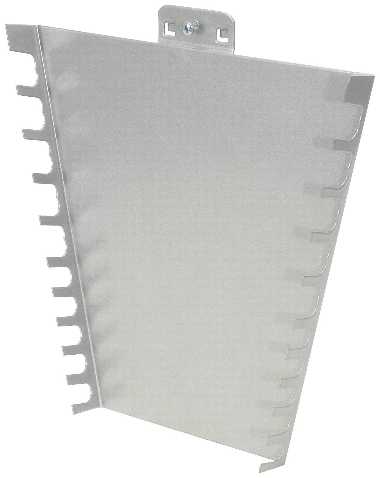 Metalen plaat met gegolfde randen en een gat voor bevestiging.