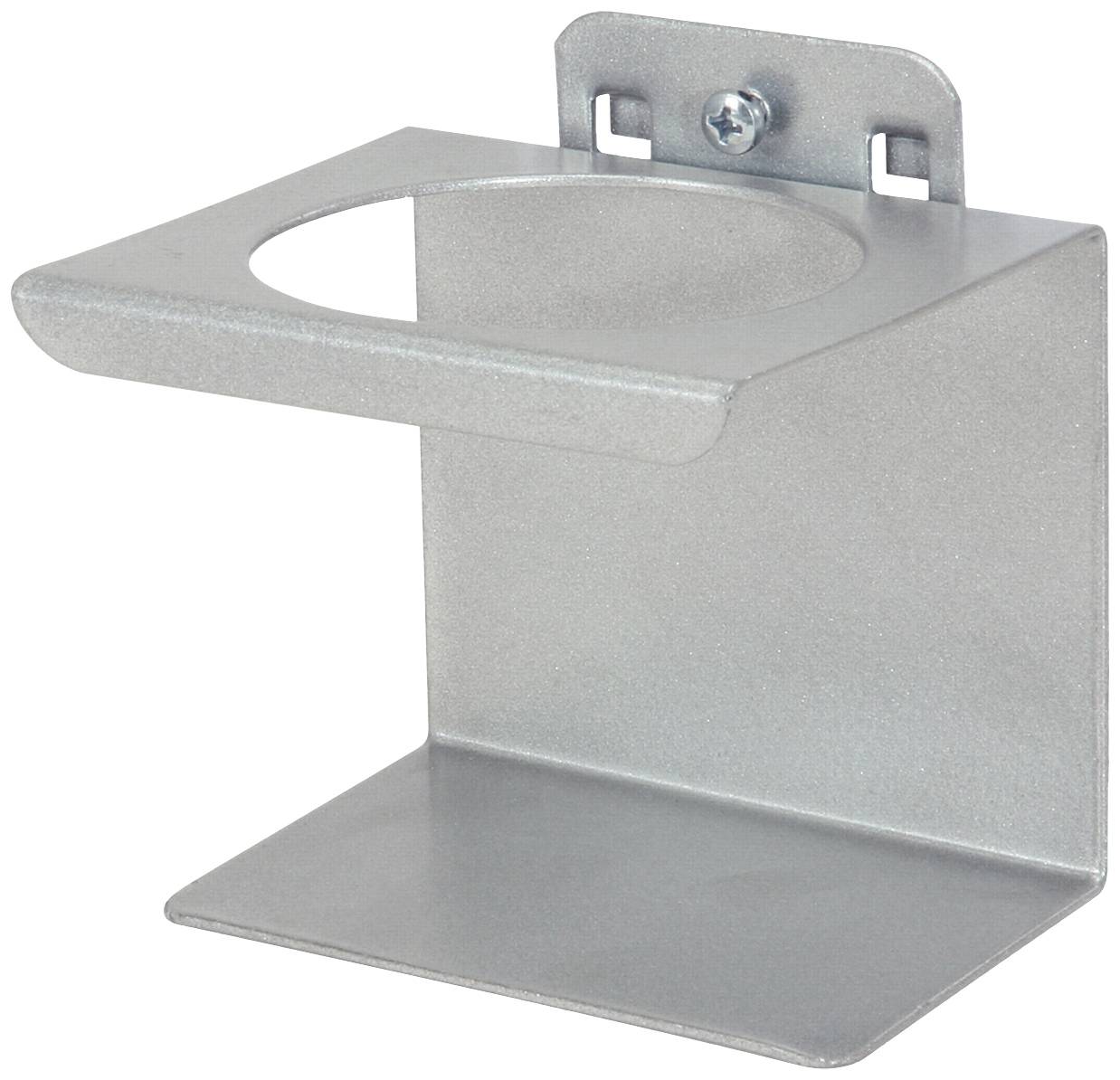 Metalen bevestiging voor een container, voorzien van een ronde uitsparing en een wandsteun aan de achterzijde.
